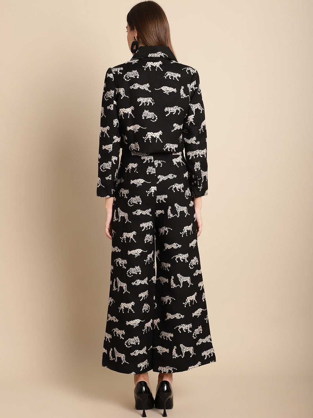Blanc9 Black Jacquard Tiger Patterned Short Jacket With Pants Co-Ord Set-B9ST03