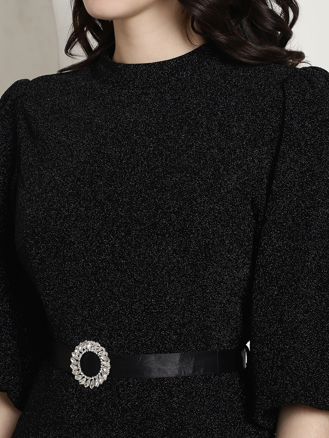 Blanc9 Black Lurex Party Dress With Satin Belt-B9DR160