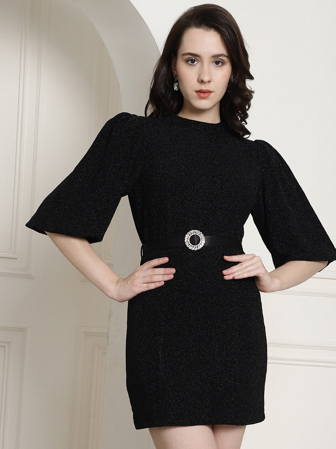 Blanc9 Black Lurex Party Dress With Satin Belt-B9DR160