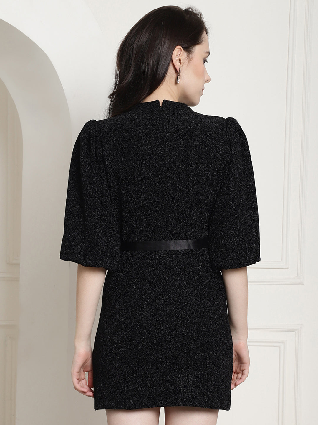 Blanc9 Black Lurex Party Dress With Satin Belt-B9DR160