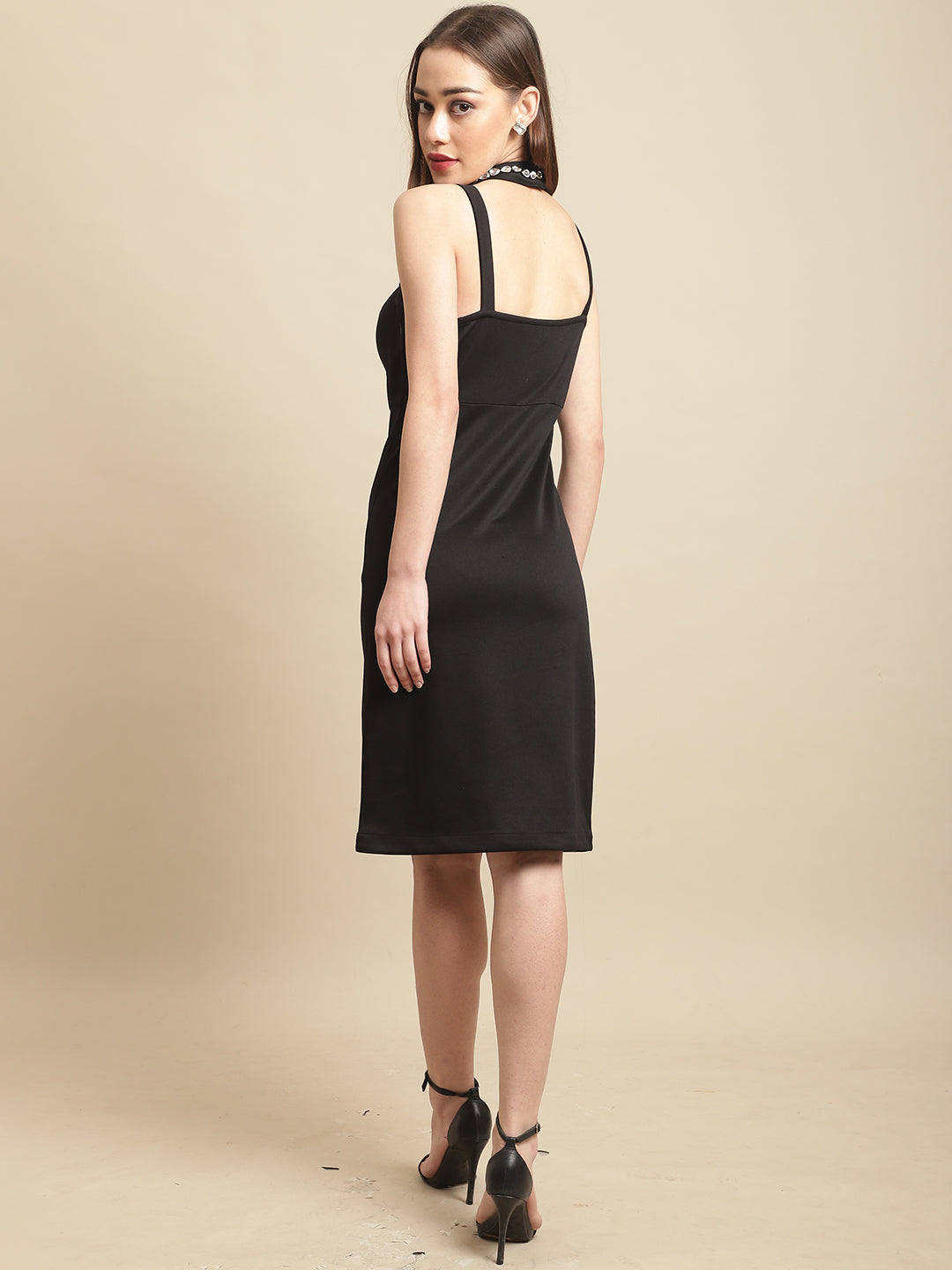 Blanc9 Black Neck Embellished Bodycon Dress-B9DR143