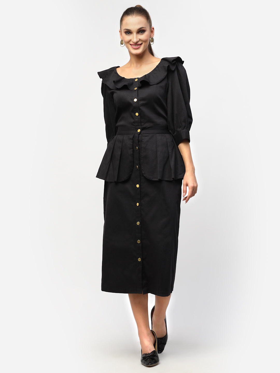 Blanc9 Black Puff With Cuff Sleeve Top With Skirt Co-Ord Set-B9ST66