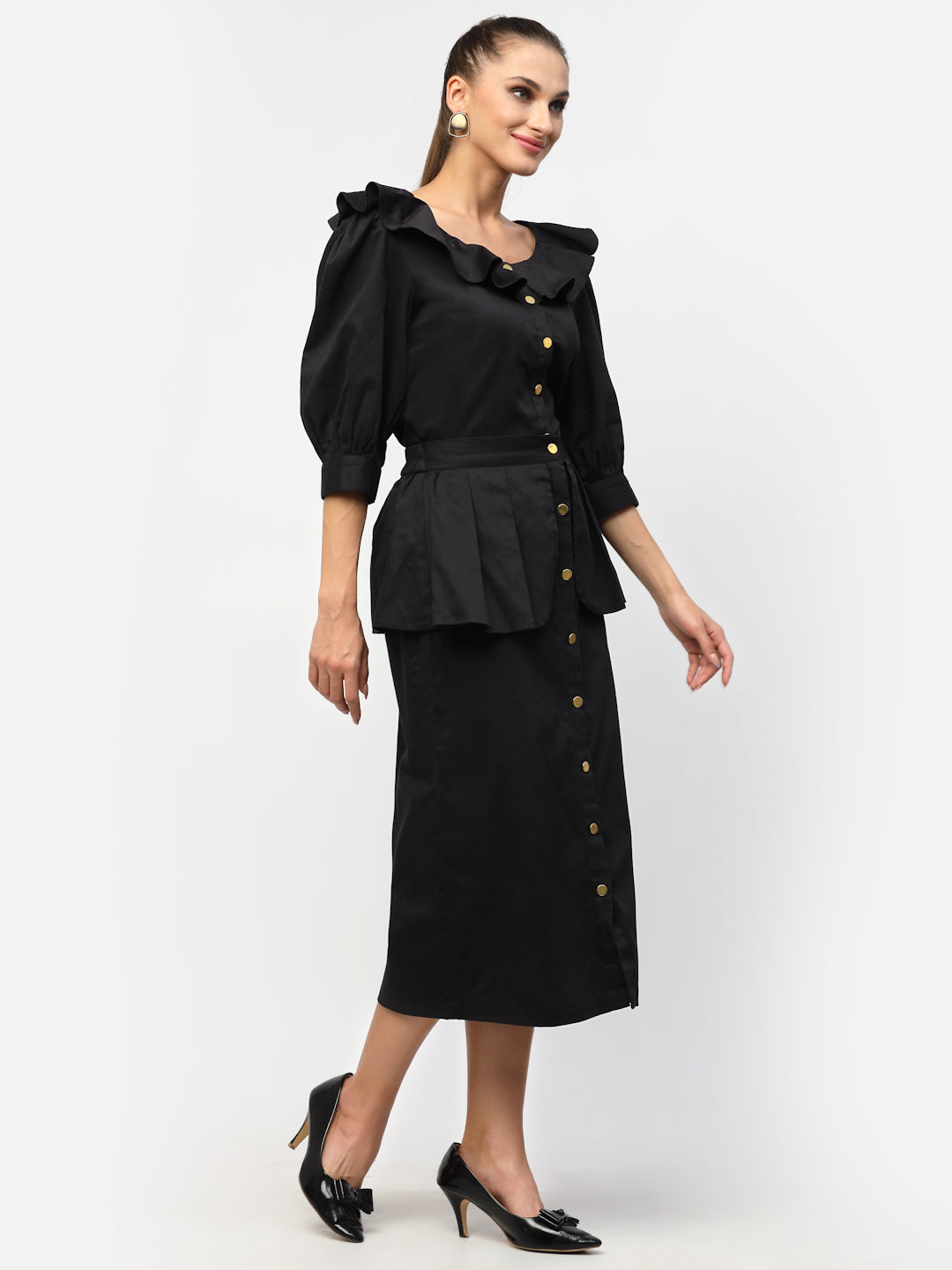 Blanc9 Black Puff With Cuff Sleeve Top With Skirt Co-Ord Set-B9ST66