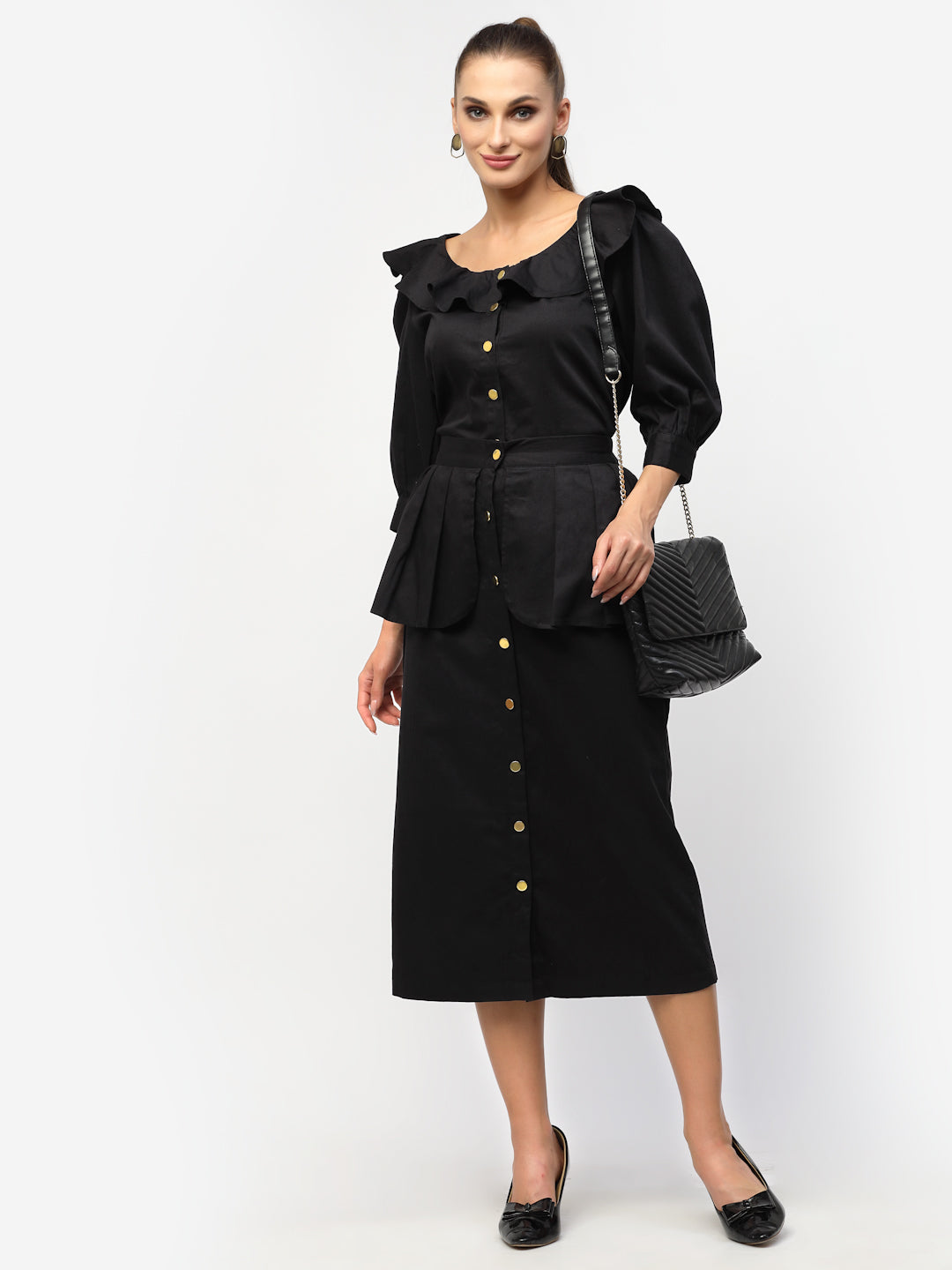 Blanc9 Black Puff With Cuff Sleeve Top With Skirt Co-Ord Set-B9ST66