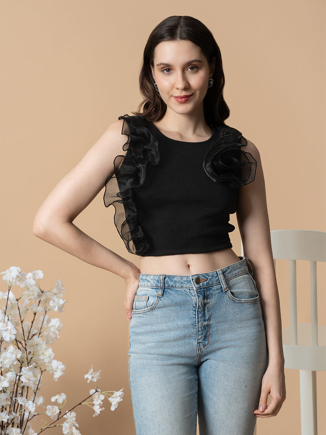 Anora Ribbed Rose Top Black