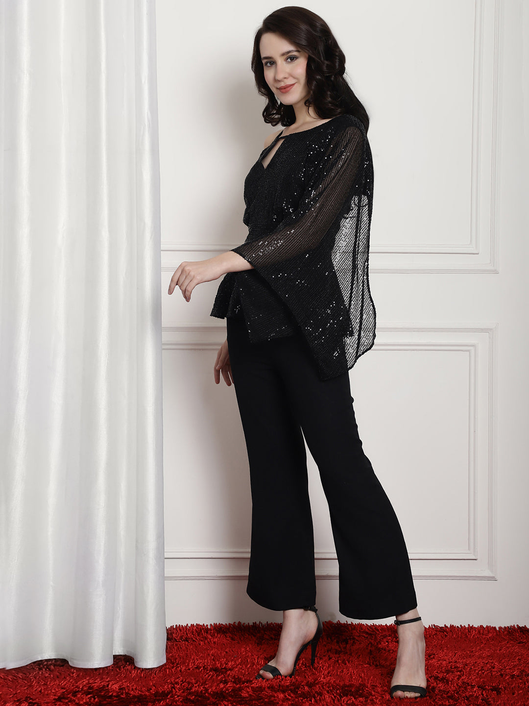 Blanc9 Black Sequence Peplum Top With Trouser Black Co-Ord Sets-B9ST138