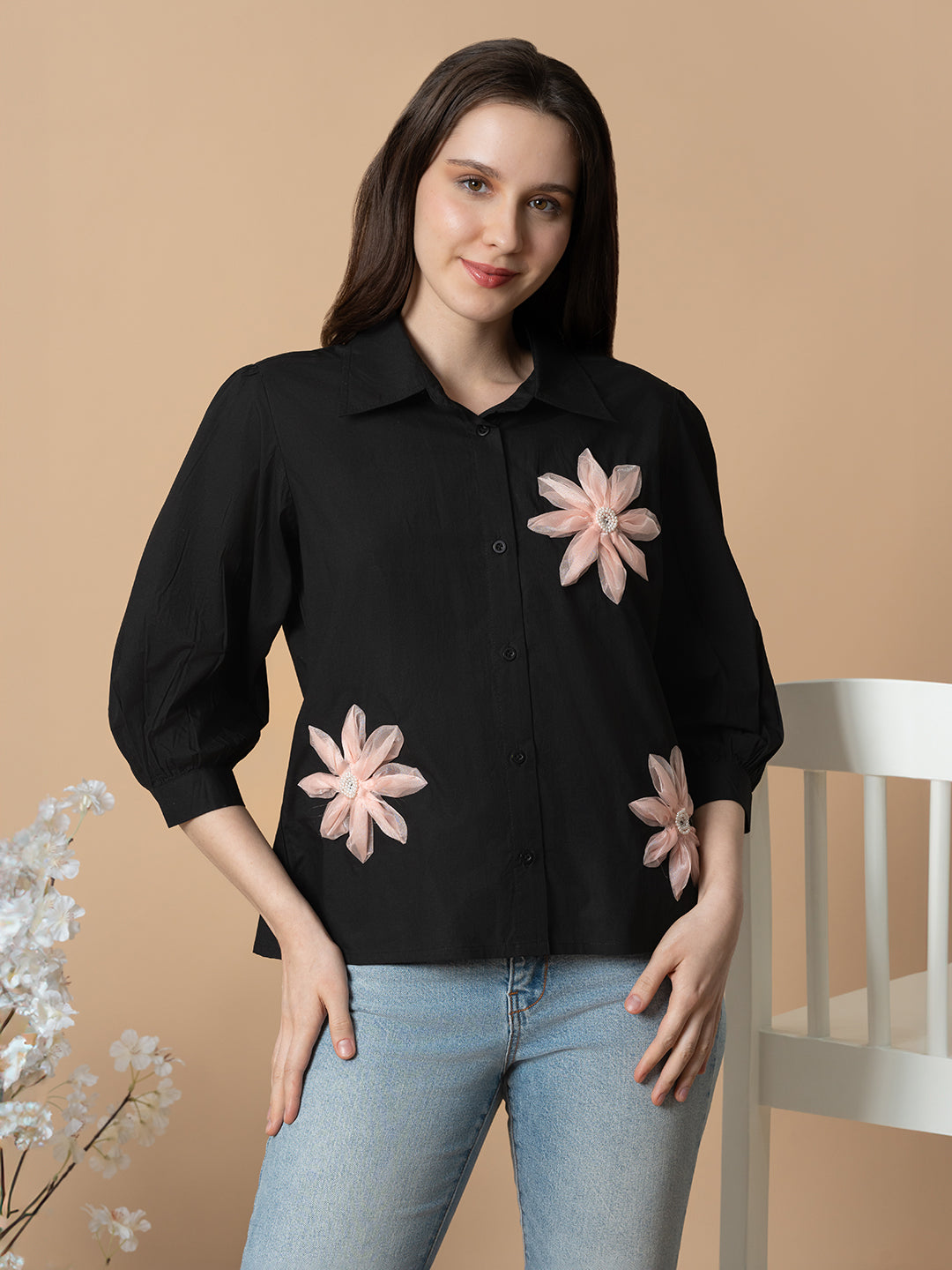 Blanc9 Black Shirt With 3D Pink Flowers