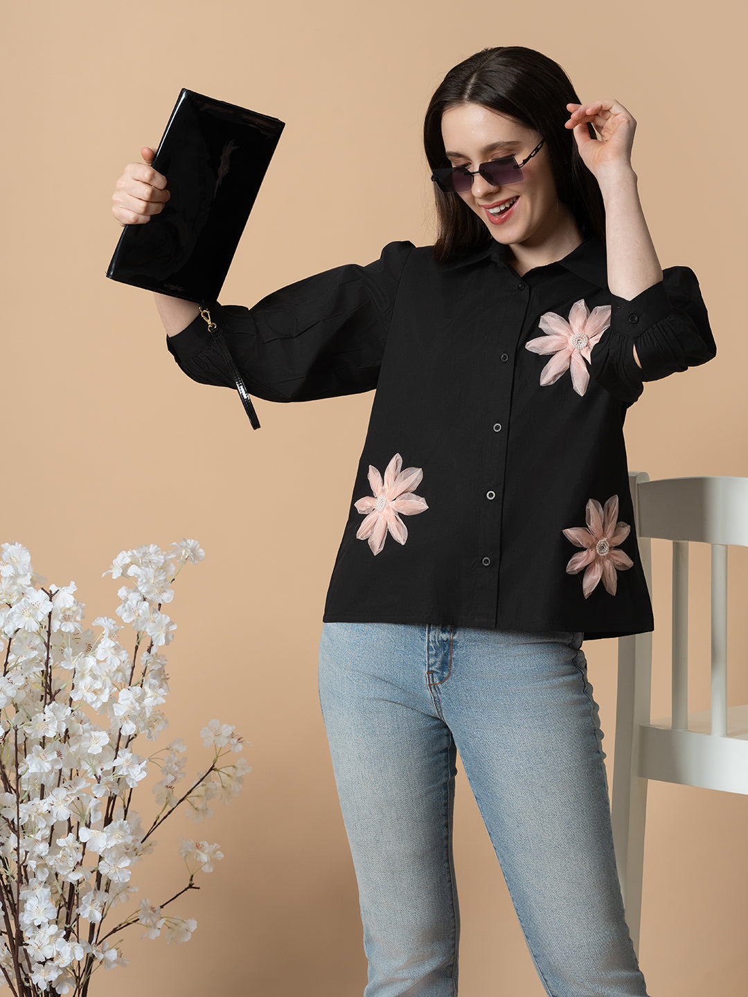 Blanc9 Black Shirt With 3D Pink Flowers
