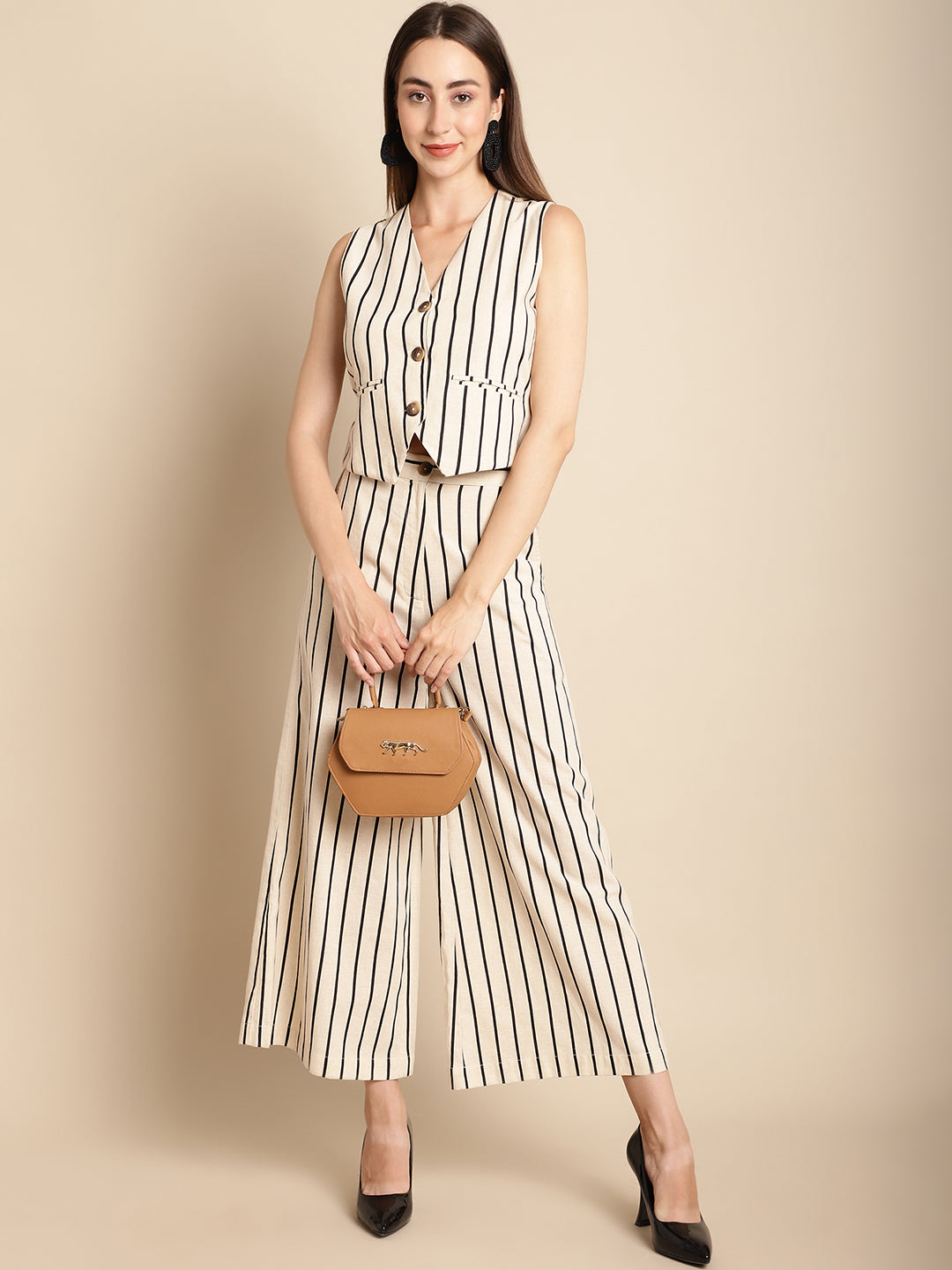 Blanc9 Black Stripe Beige Co-Ord Set-B9ST130