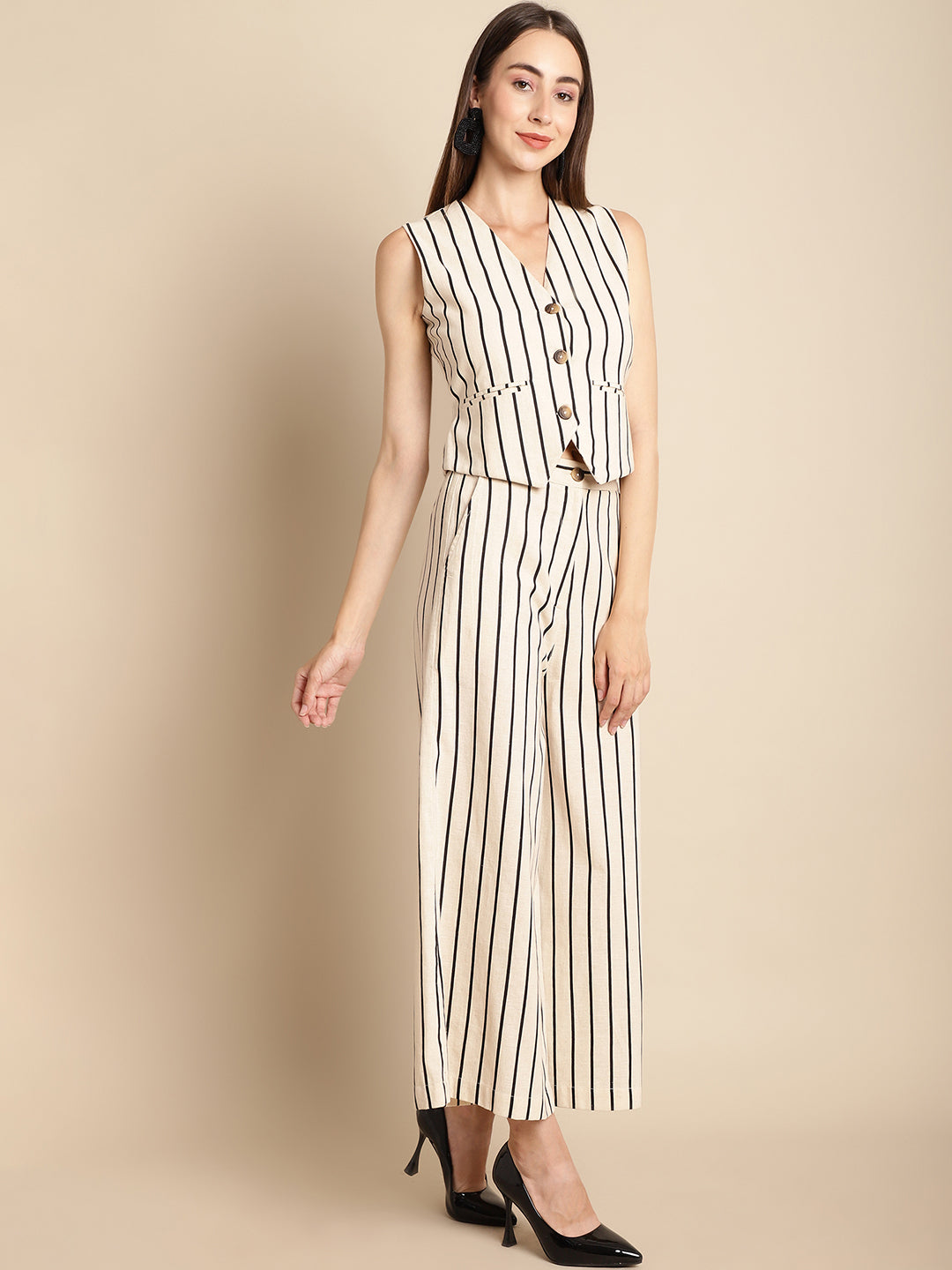 Blanc9 Black Stripe Beige Co-Ord Set-B9ST130