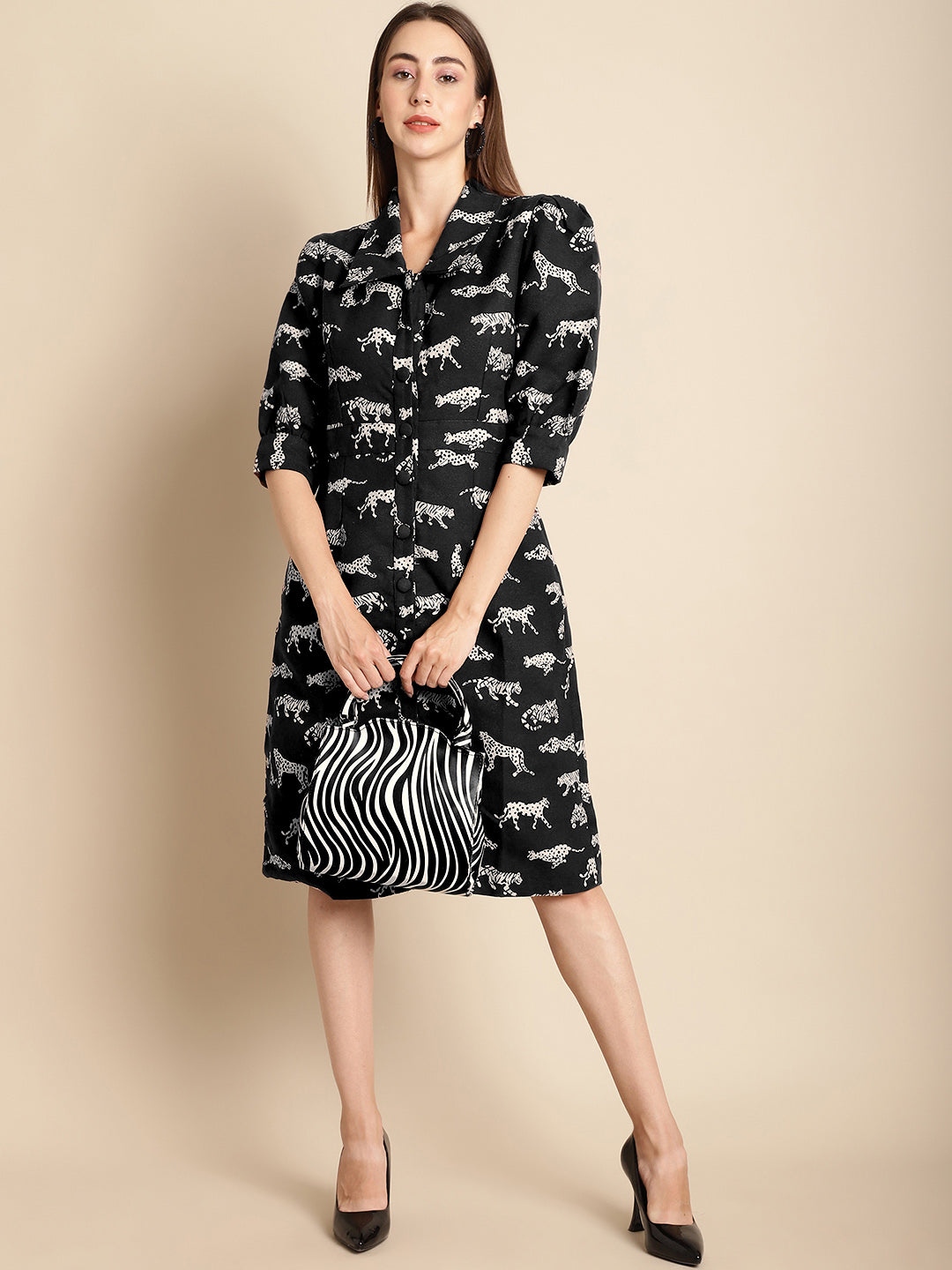 Blanc9 Black Tiger Patterned Jacquard Blazer Dress-B9DR03