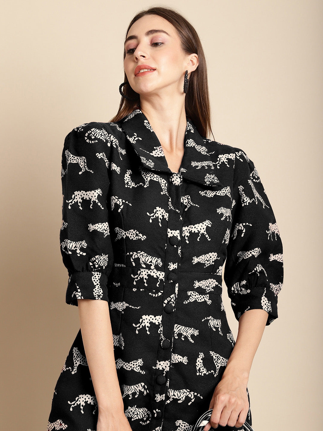 Blanc9 Black Tiger Patterned Jacquard Blazer Dress-B9DR03