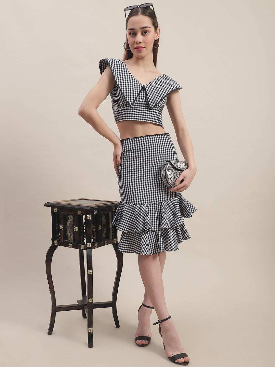 Blanc9 Black & White Checked Top With Skirt Co-Ord Set