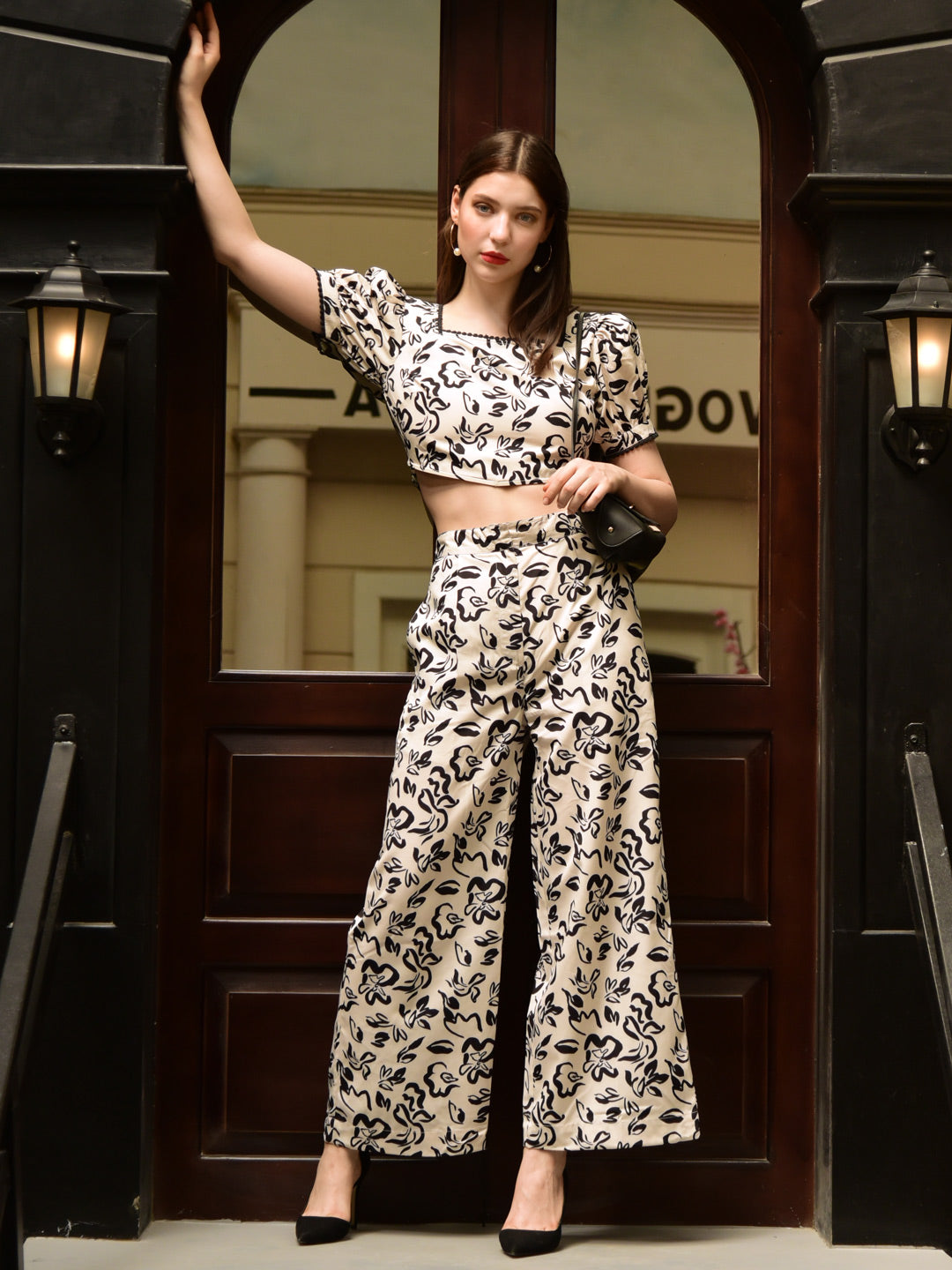 Black White Crop Top With Pants Co-Ord Set - Main Image