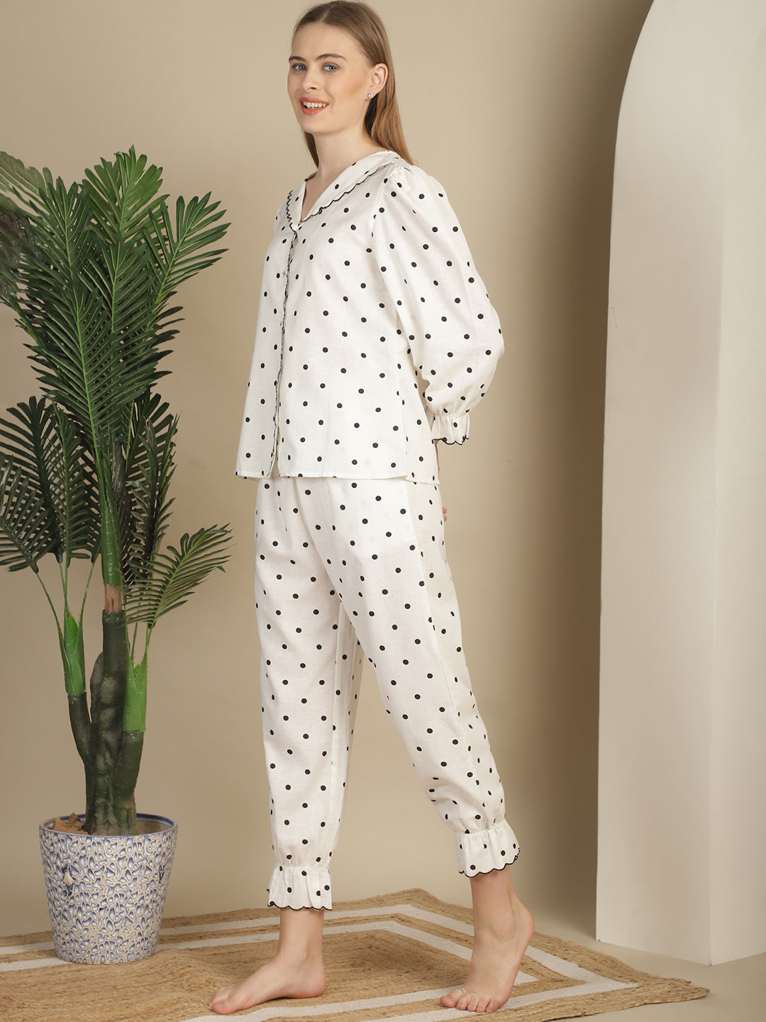 Blanc9Black_WhitePolkaDotsCottonPyjamaNightSuit-B9NW40-