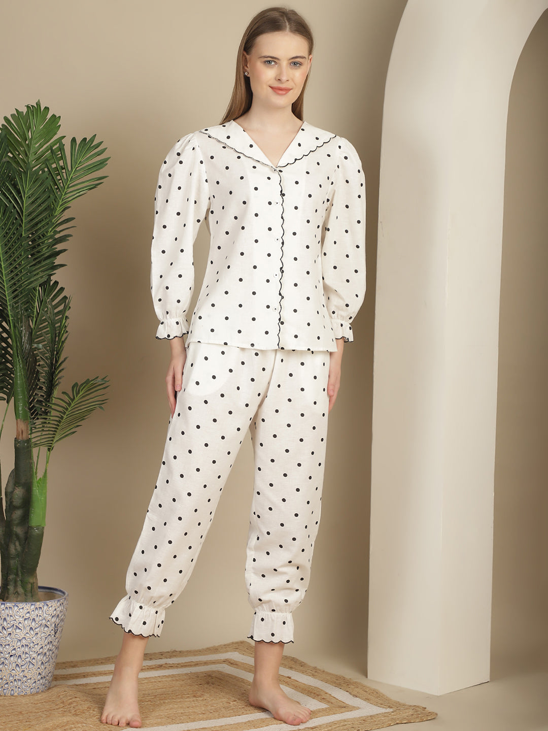 Blanc9Black_WhitePolkaDotsCottonPyjamaNightSuit-B9NW40-