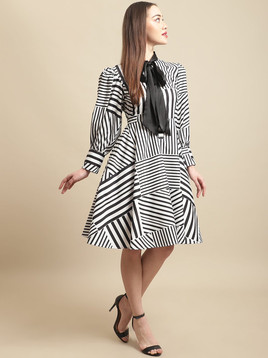 Blanc9 Black & White With Satin Tie Dress-B9DR135