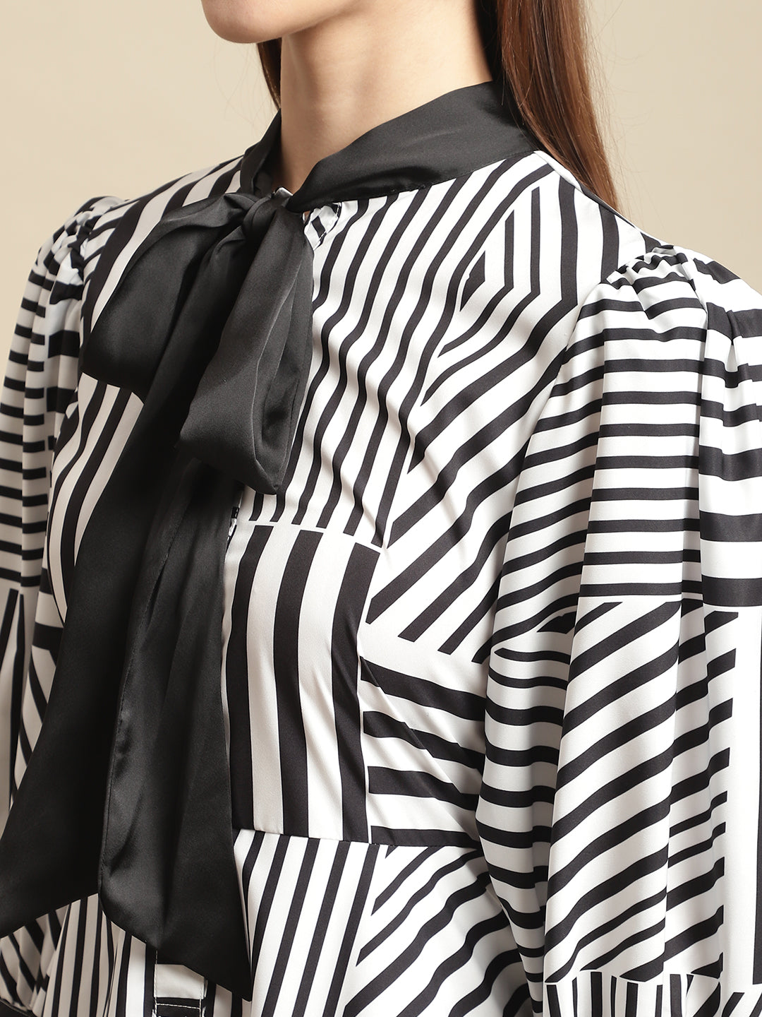 Blanc9 Black & White With Satin Tie Dress-B9DR135
