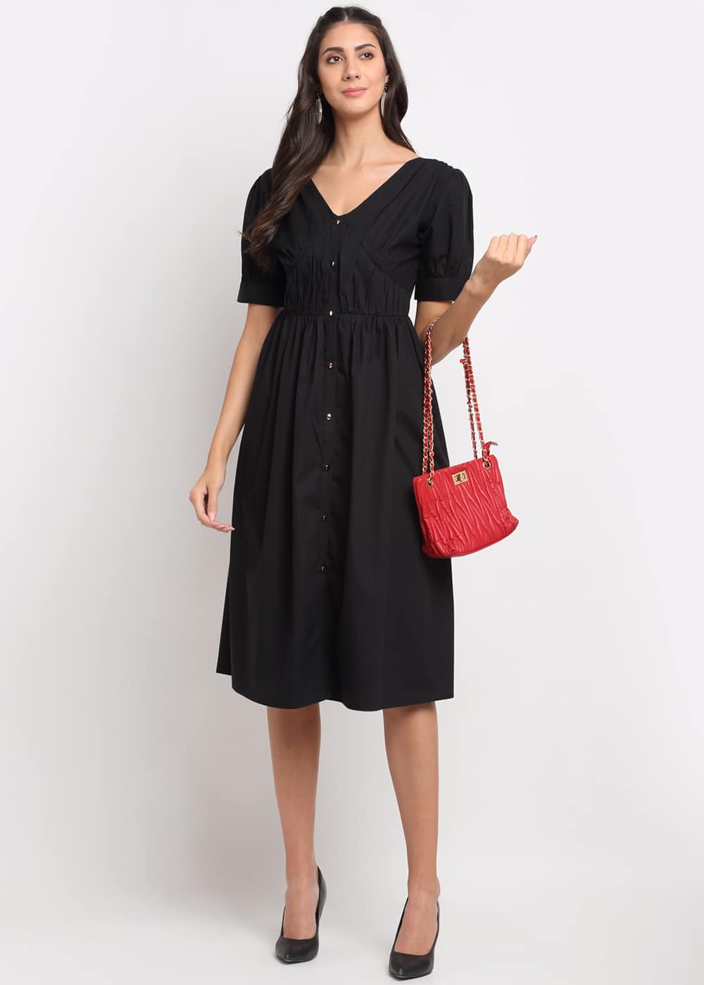 Blanc9 Ruched Waisted Black Dress