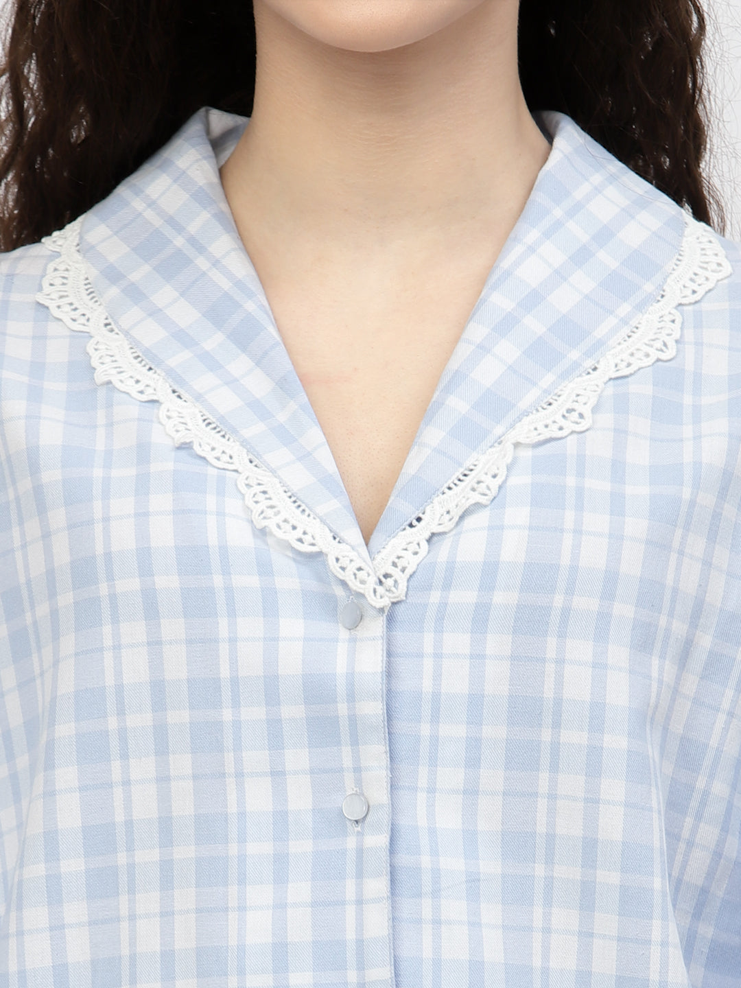 Blanc9 Blue And White Check Cotton Pyjama Set-B9NW79