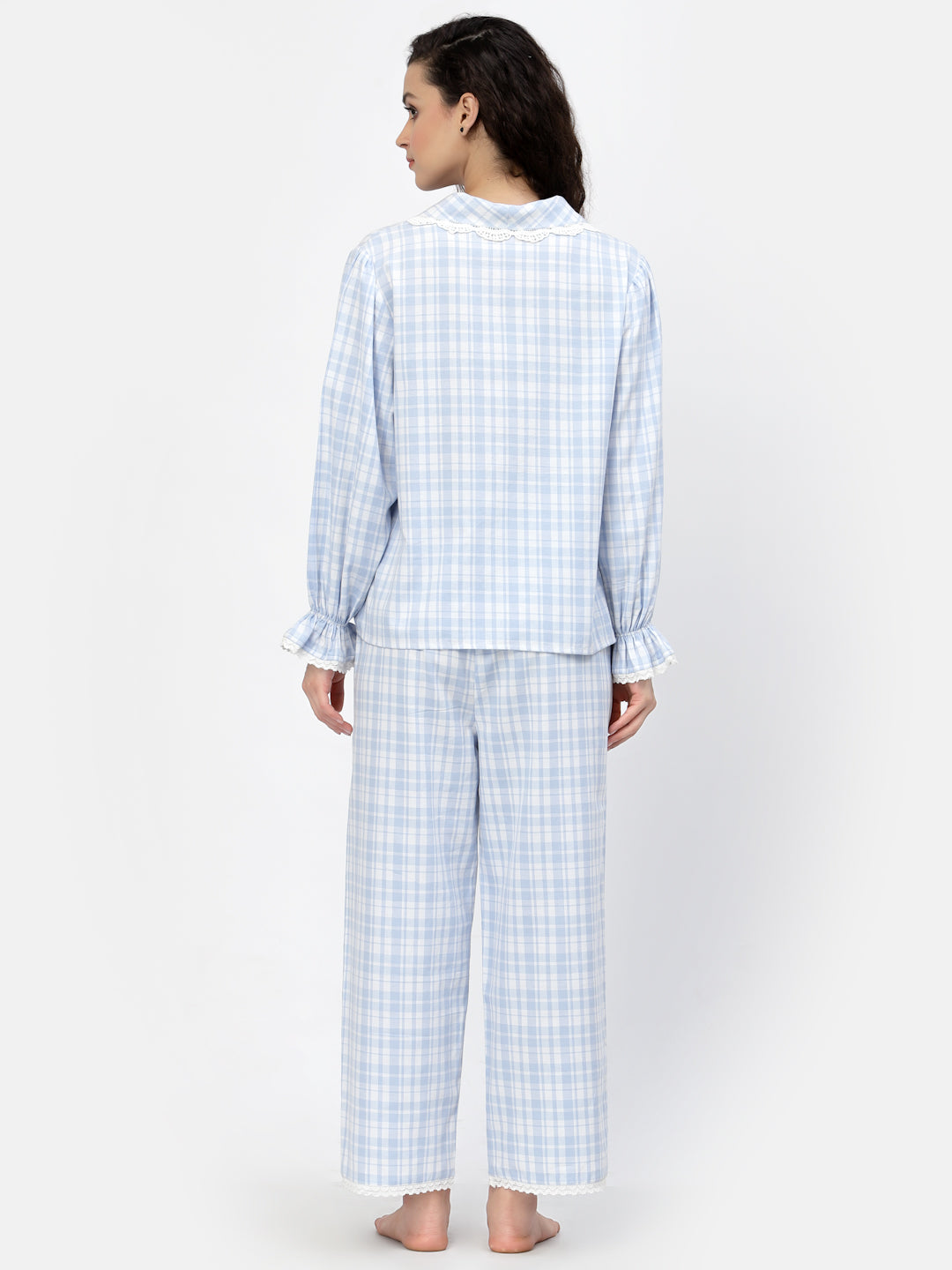 Blanc9 Blue And White Check Cotton Pyjama Set-B9NW79