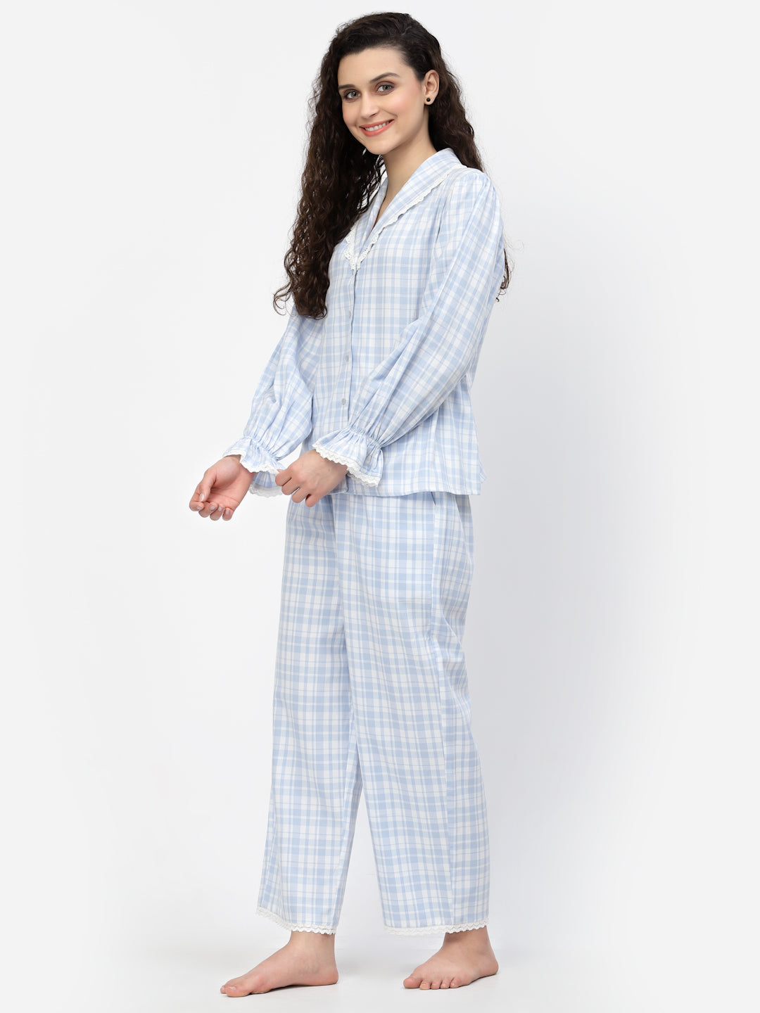 Blanc9 Blue And White Check Cotton Pyjama Set-B9NW79