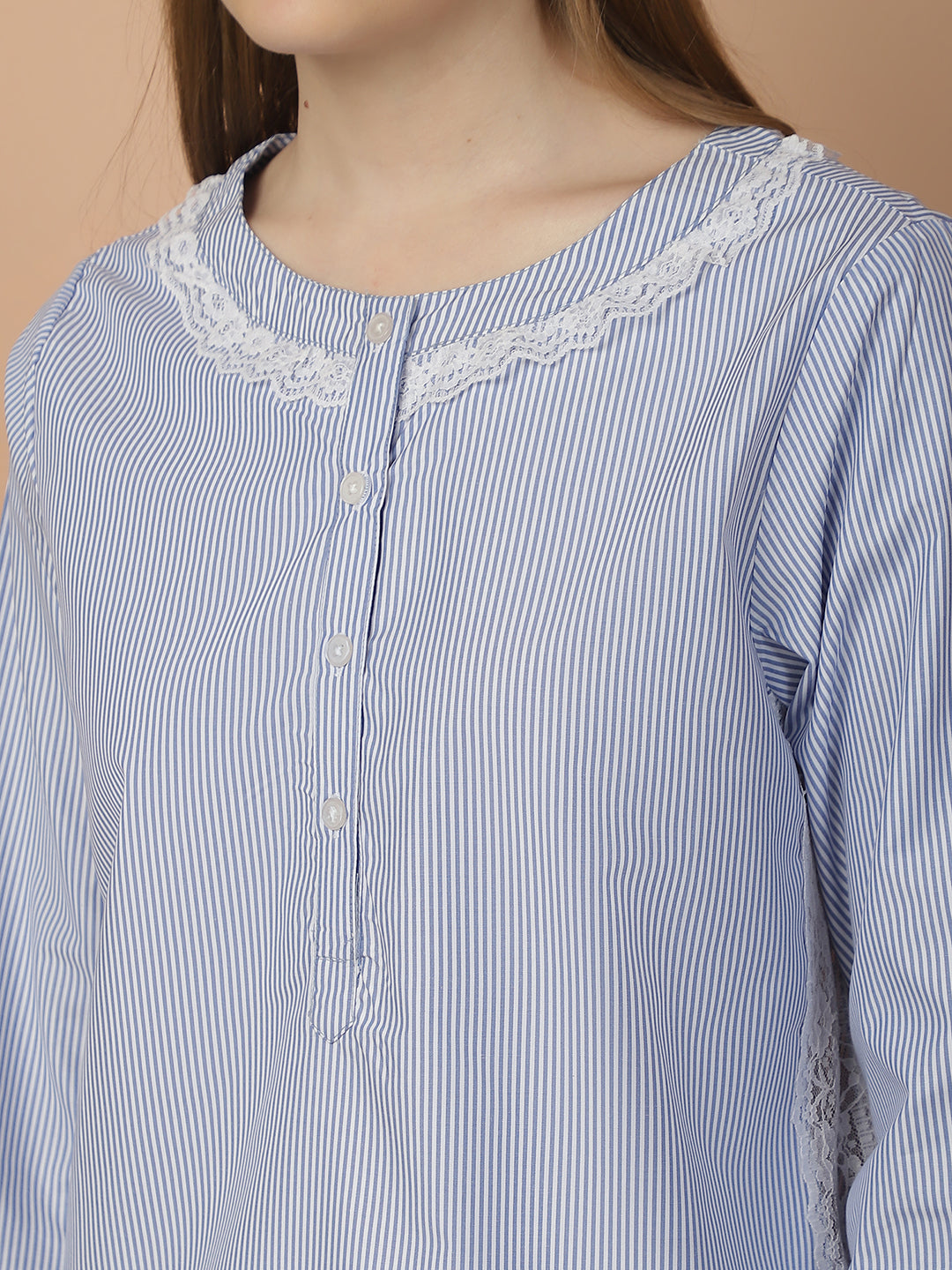 Blanc9BlueAndWhiteLaceDetailedCottonPyjamaNightSuit-B9NW56