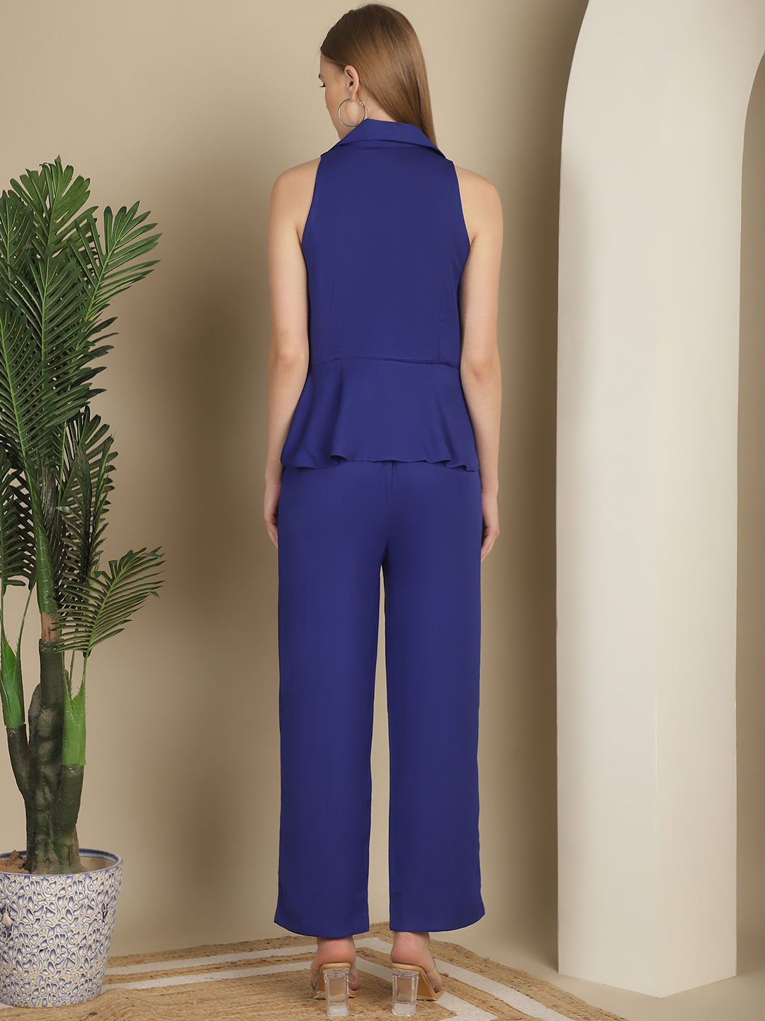 Blanc9 Blue Blazer Collar Peplum Top With Trouser Co-Ord Set-B9ST74