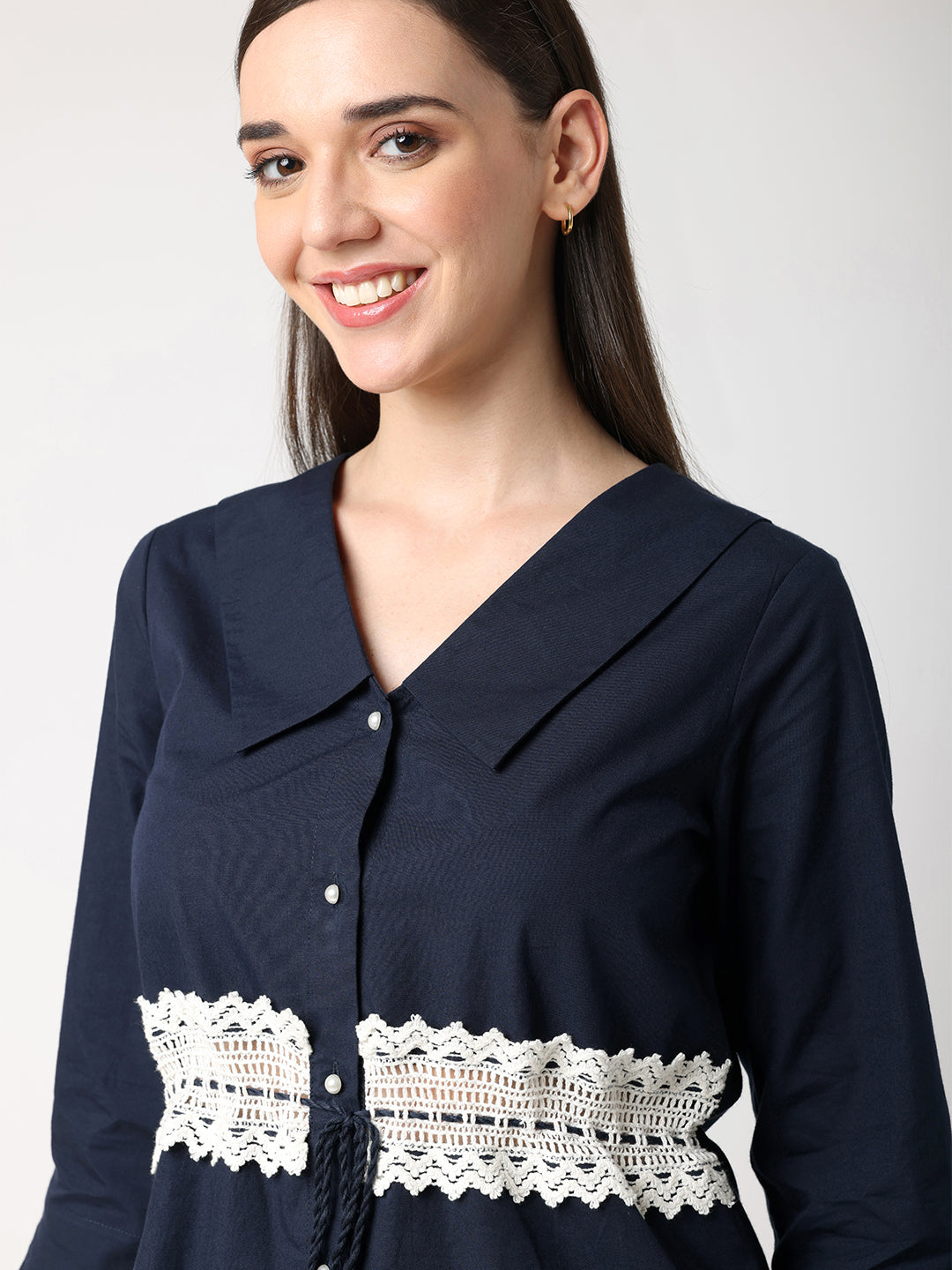Blanc9 Blue Collar Top With Lace at Waist
