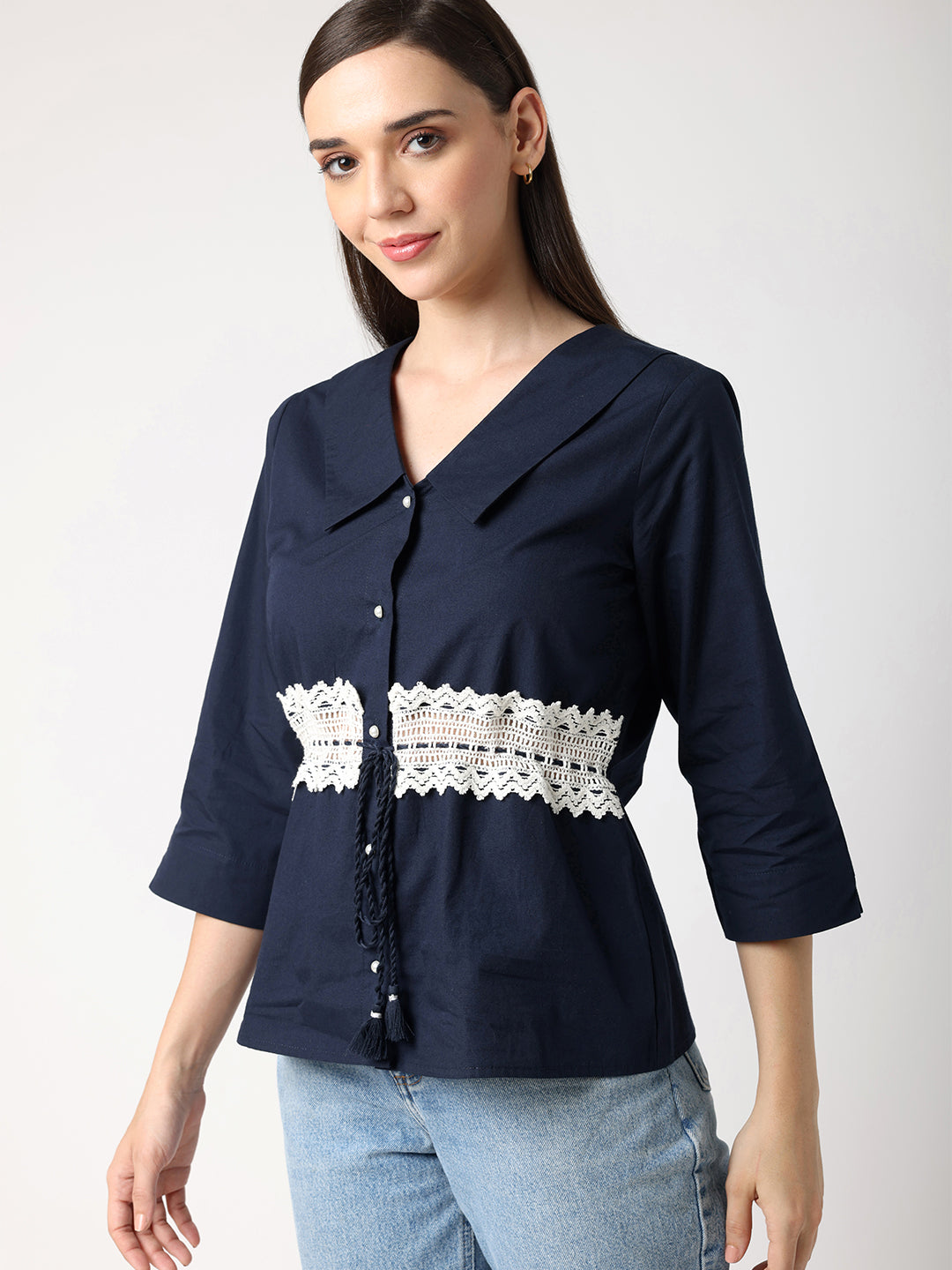 Blanc9 Blue Collar Top With Lace at Waist