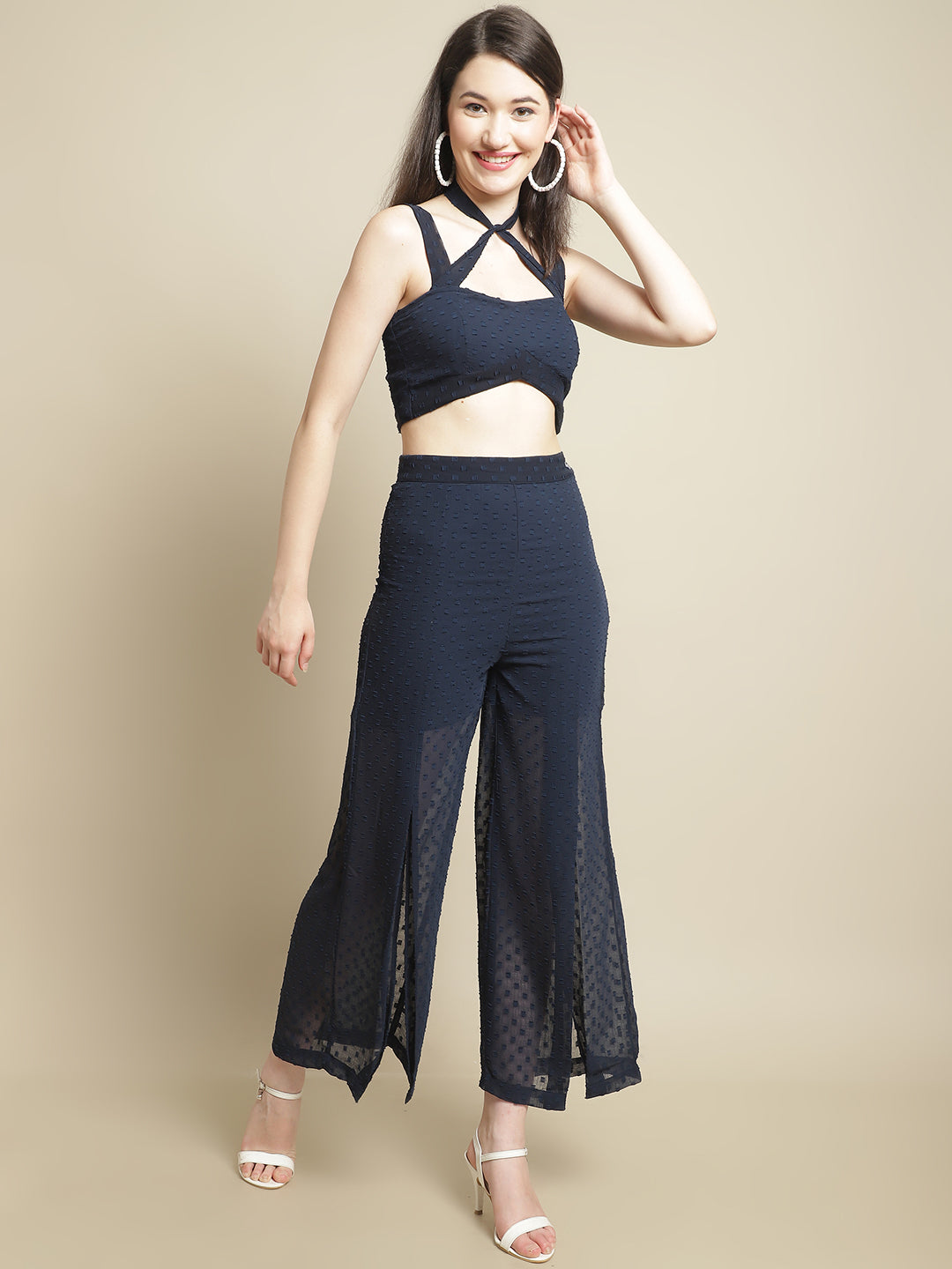 Blanc9 Blue Criss-Cross Crop Top With Slit Trouser-B9ST122