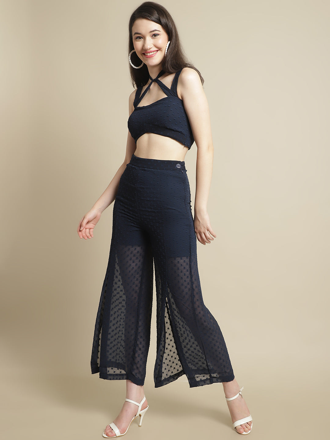 Blanc9 Blue Criss-Cross Crop Top With Slit Trouser-B9ST122