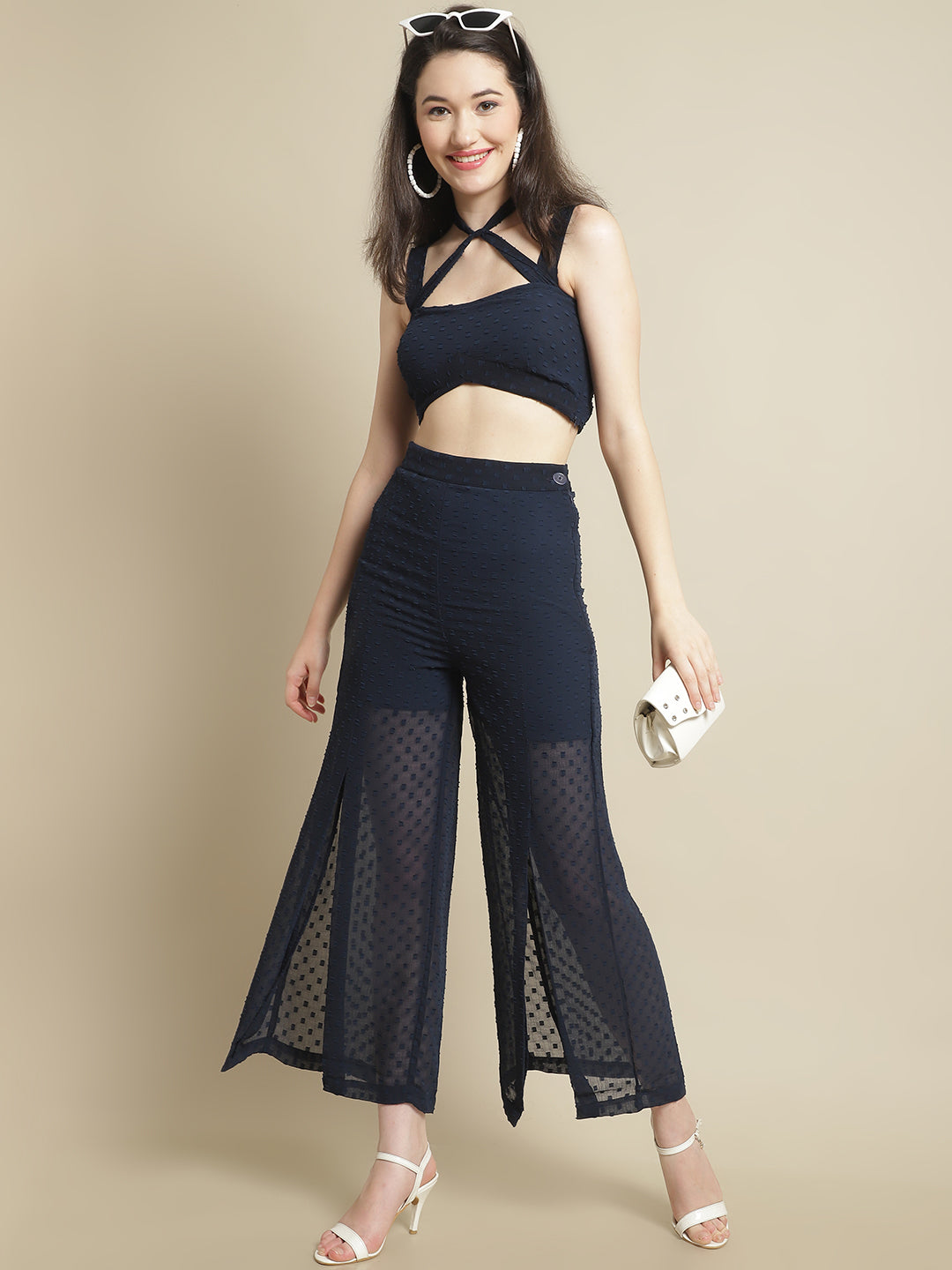 Blanc9 Blue Criss-Cross Crop Top With Slit Trouser-B9ST122