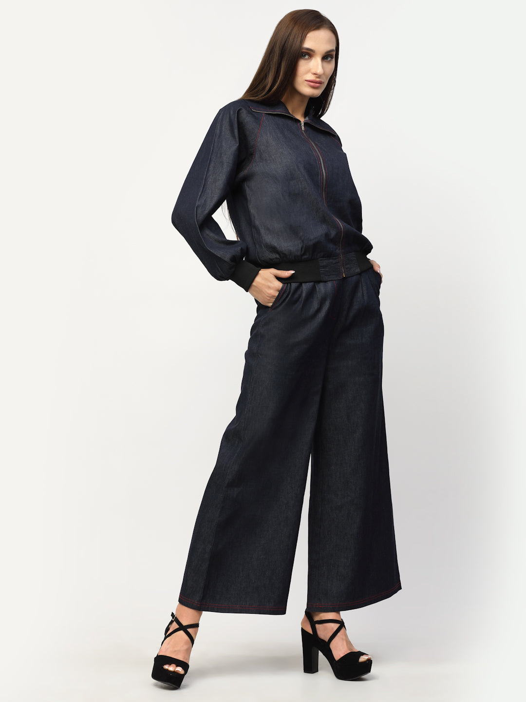 Blanc9 Blue Denim Blouse Sleeve Co-Ord Set-B9ST60