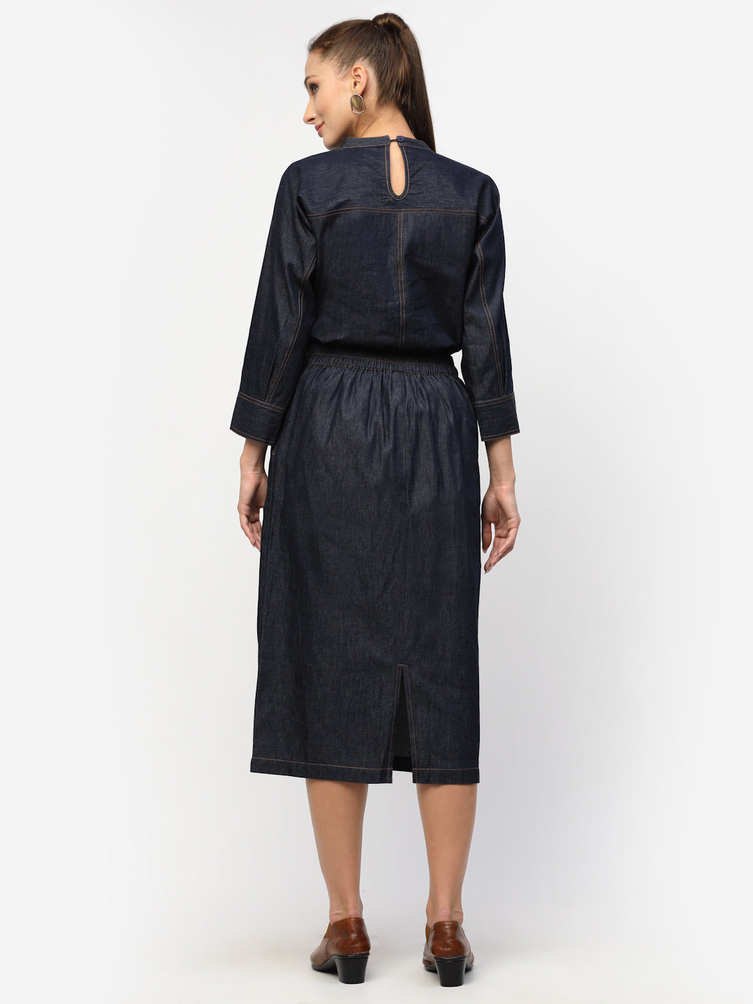Blanc9 Blue Denim Top With Overlap Belt Skirt Co-Ord Set-B9ST62