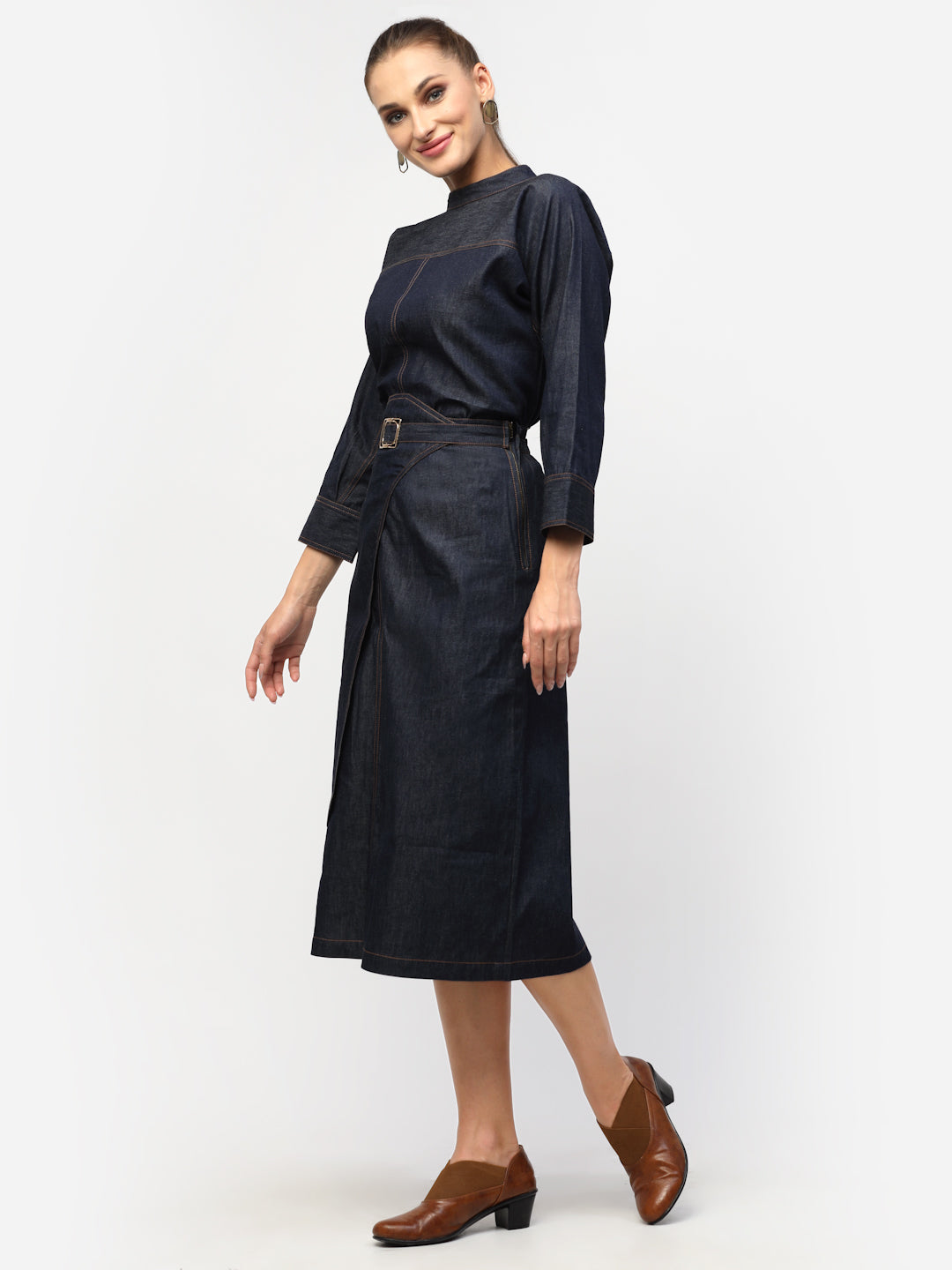 Blanc9 Blue Denim Top With Overlap Belt Skirt Co-Ord Set-B9ST62
