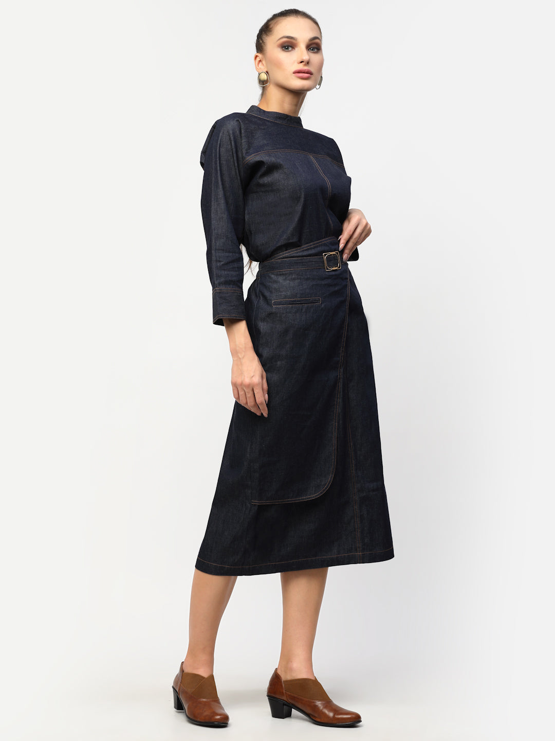 Blanc9 Blue Denim Top With Overlap Belt Skirt Co-Ord Set-B9ST62