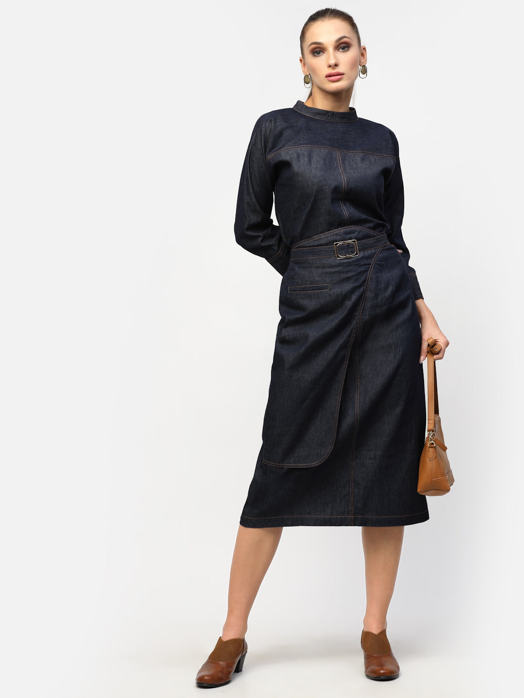 Blanc9 Blue Denim Top With Overlap Belt Skirt Co-Ord Set-B9ST62
