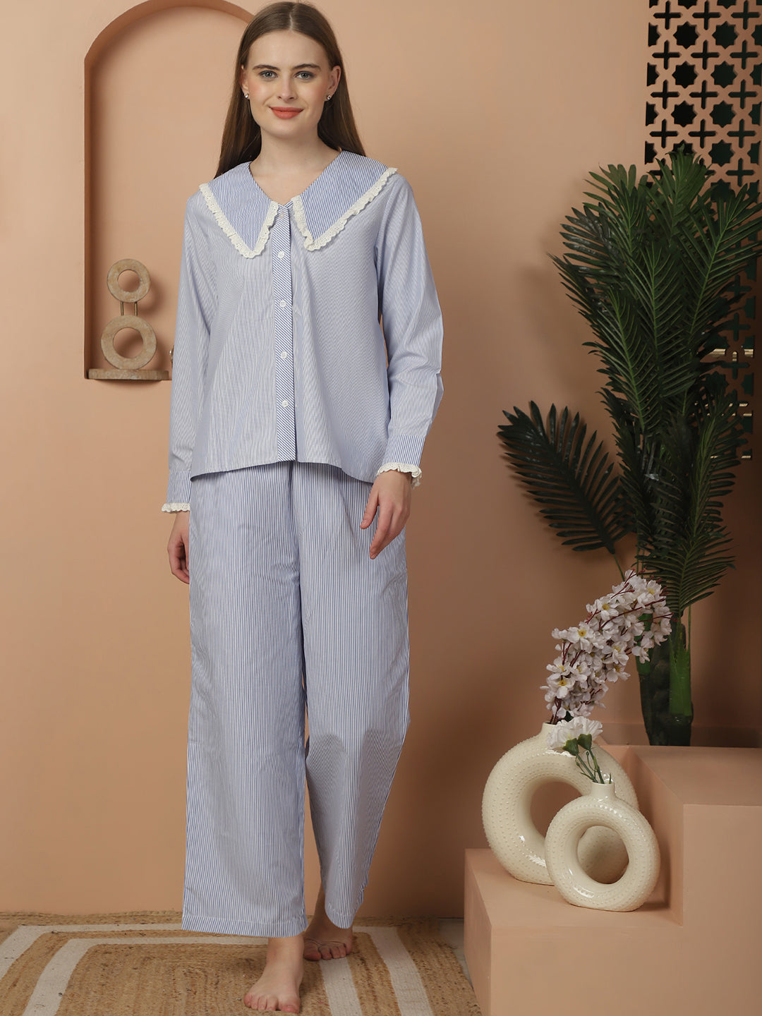 Blanc9BlueMixMatchStripesCottonPyjamaSet-B9NW61