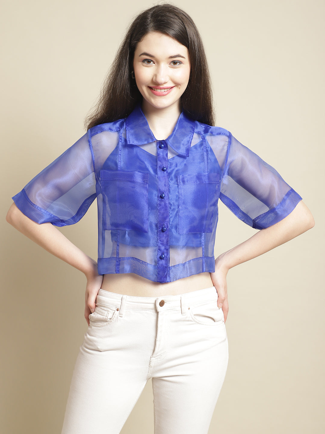 Blanc9 Blue Organza Shirt With Cami-B9TP167