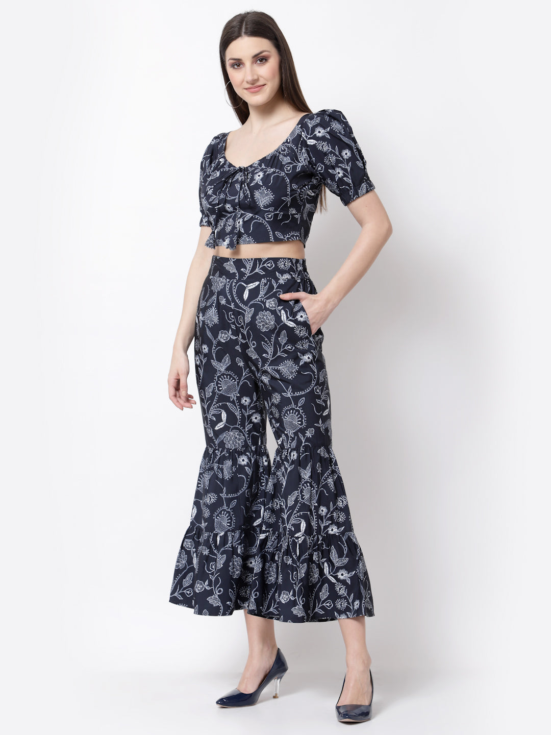 Blanc9 Blue Printed Crop Top With Skirt Set-B9ST51