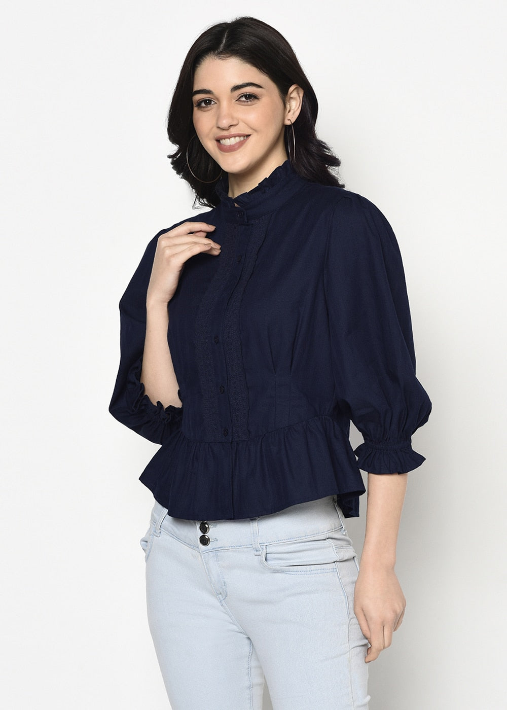 Blanc9 Blue Shirt With Short Peplum-B9TP74