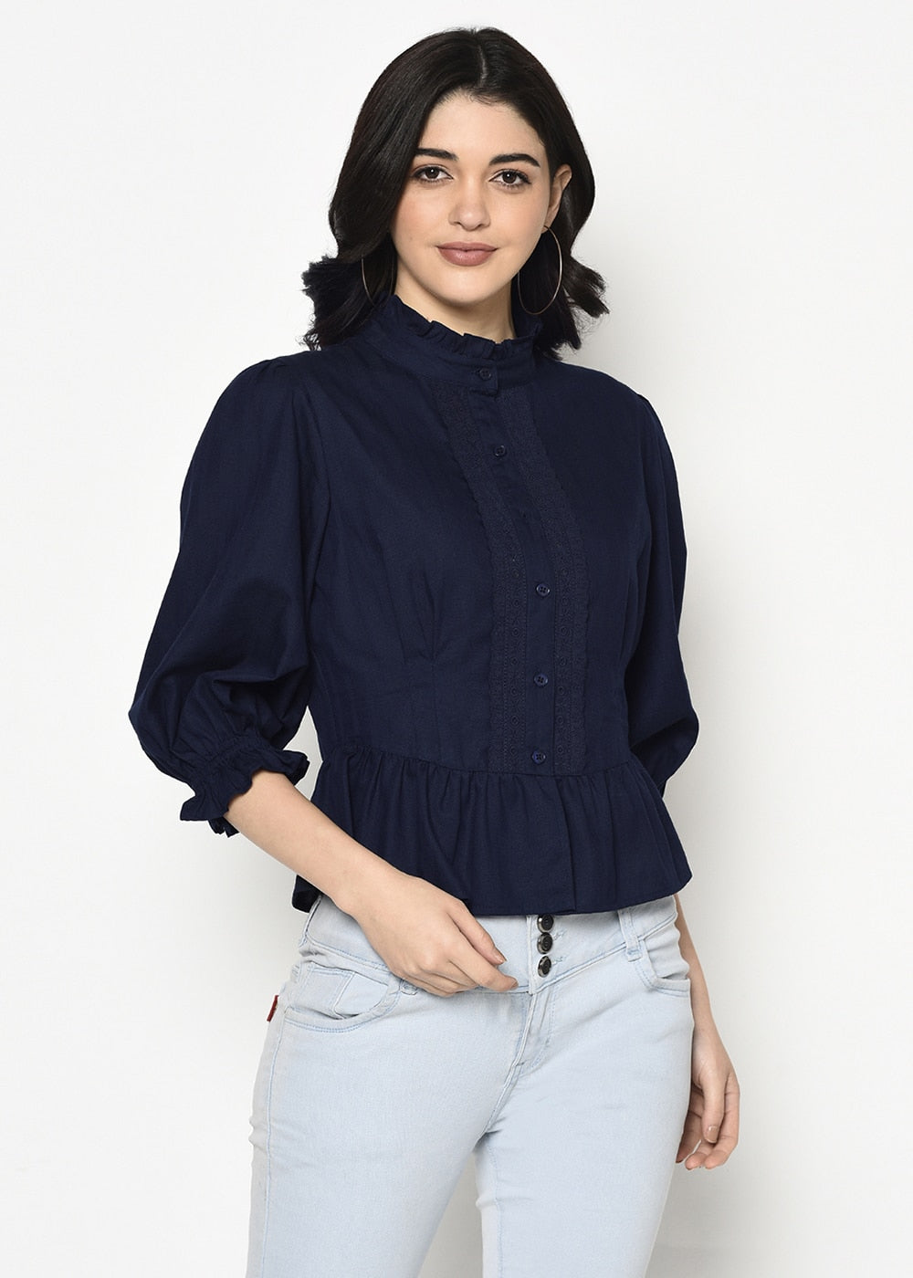 Blanc9 Blue Shirt With Short Peplum-B9TP74