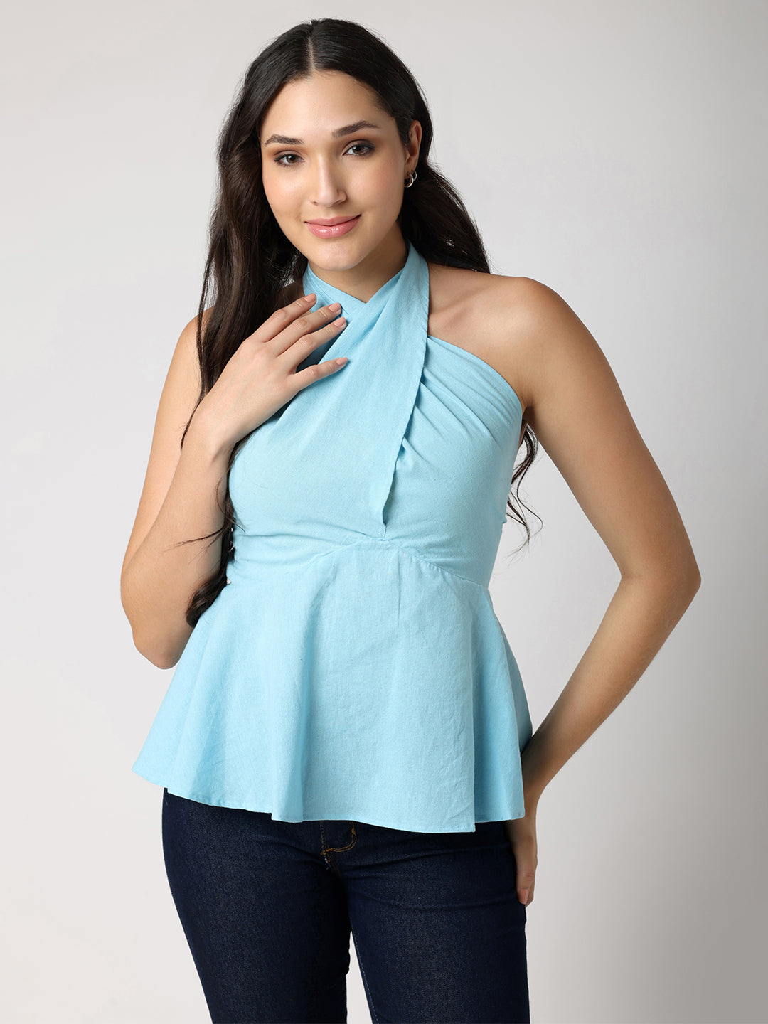 Blanc9BlueTopWithCrossHalterNeck