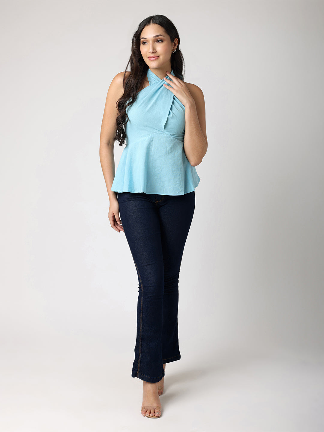 Blanc9BlueTopWithCrossHalterNeck