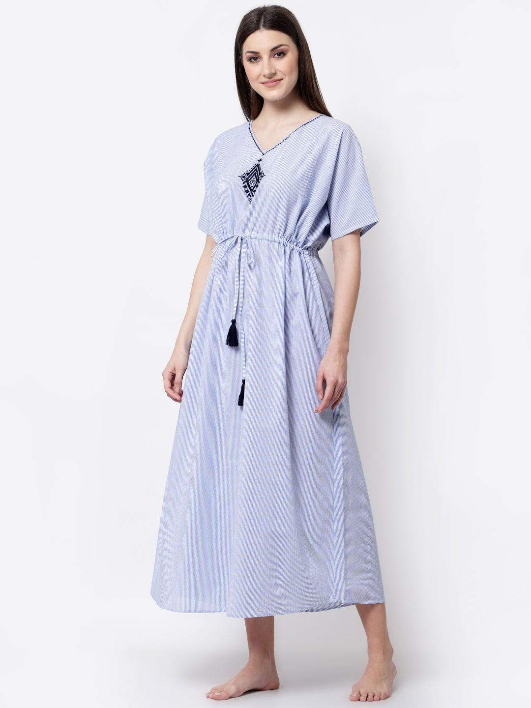 Blanc9 Blue & White Striped Night Gown-B9NW164A