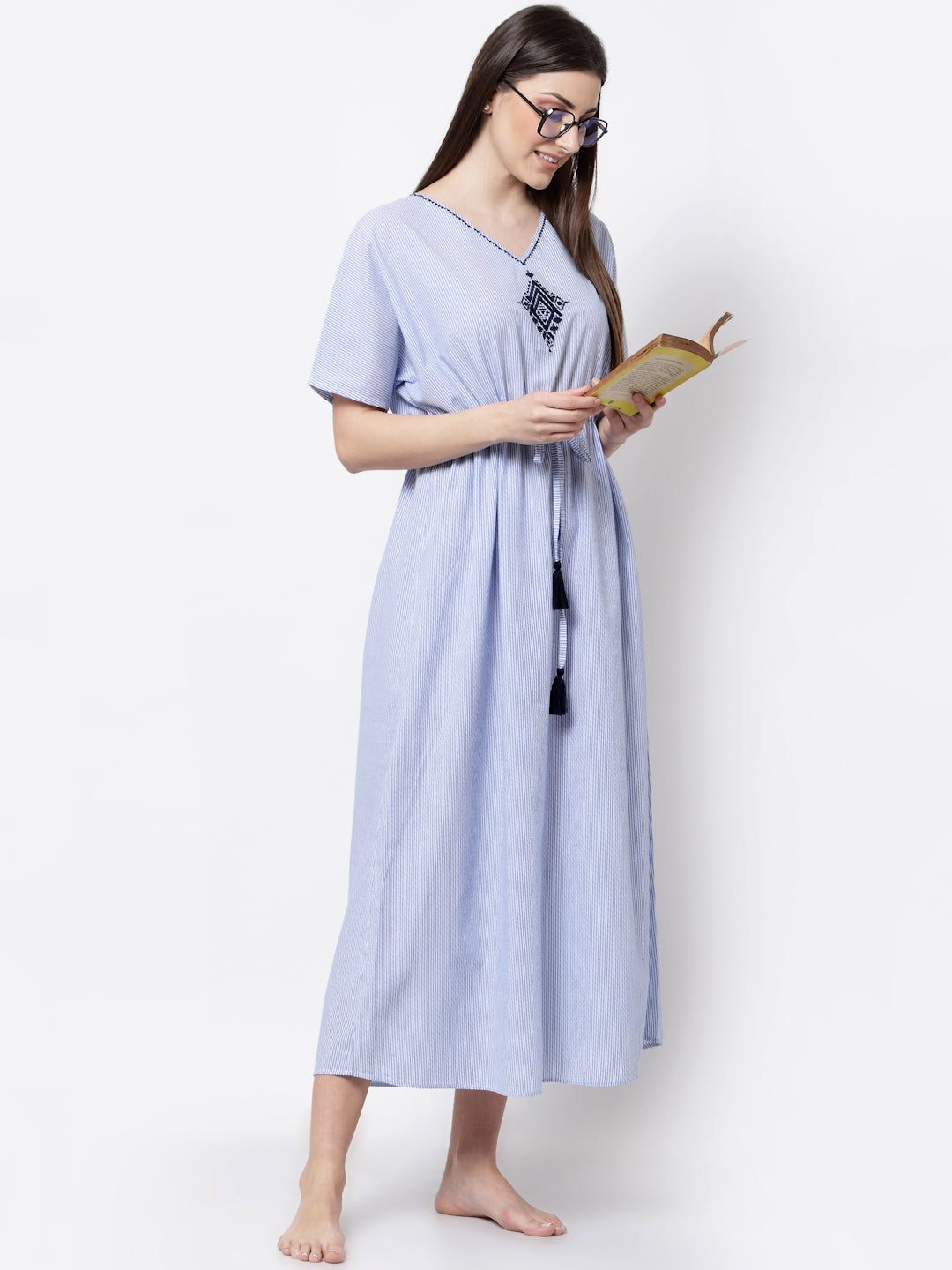 Blanc9 Blue & White Striped Night Gown-B9NW164A