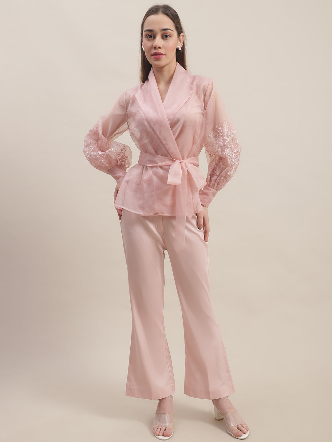 Blanc9 Blush Pink Embroidered Three Piece Co-Ord Set-B9ST105