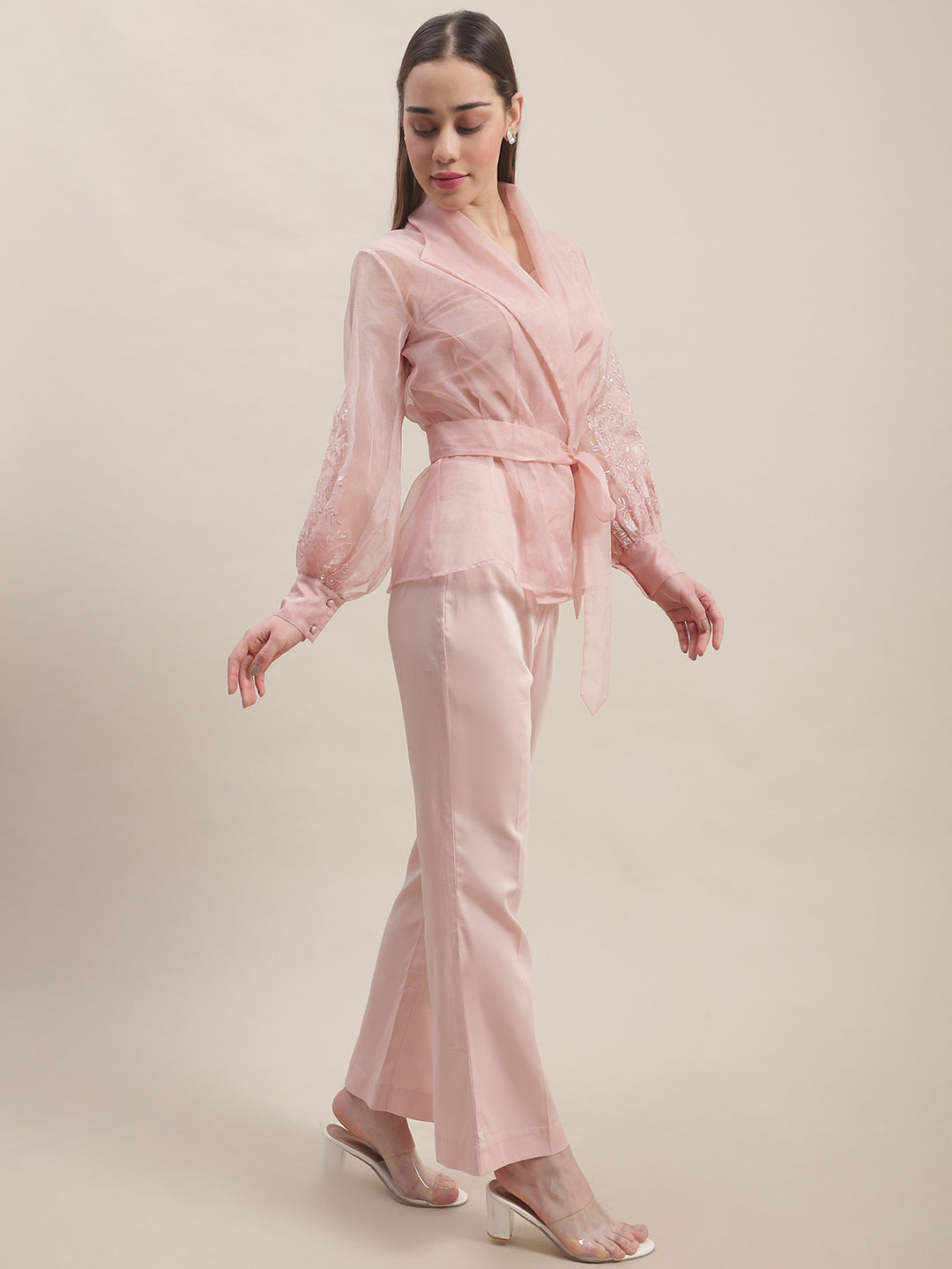 Blanc9 Blush Pink Embroidered Three Piece Co-Ord Set-B9ST105