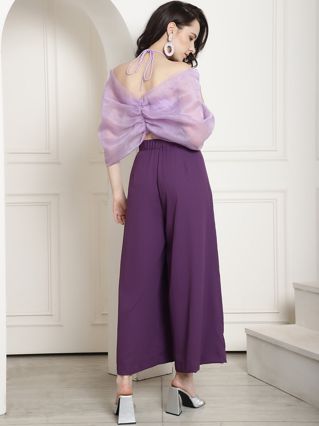 Blanc9 Bow Halter Neck Top In Organza With Trouser-B9ST136